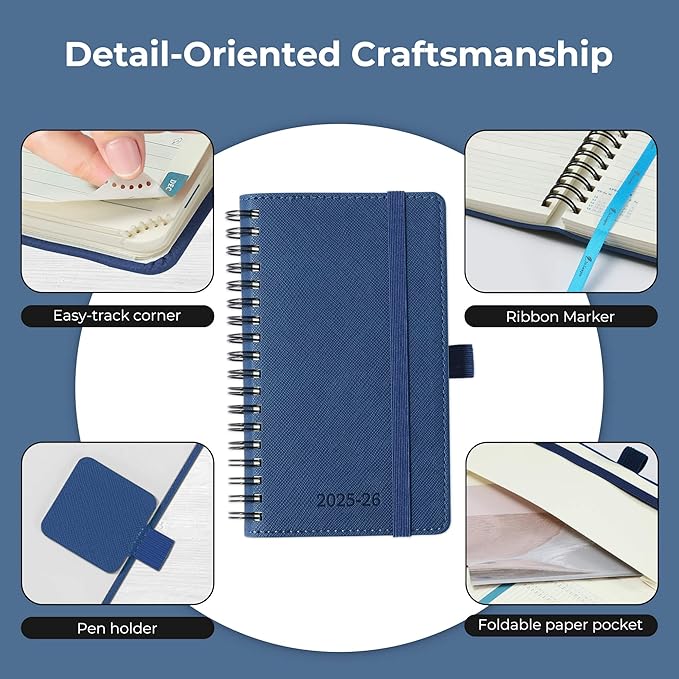 Planner 2025-2026 Daily Weekly and Monthly,6.5"x3.75",18 Months Spiral Bound Calendar Agenda with Self-adhesive Pen Holder,2026 Academic Plan with Vegan Leather Soft Cover,Blue