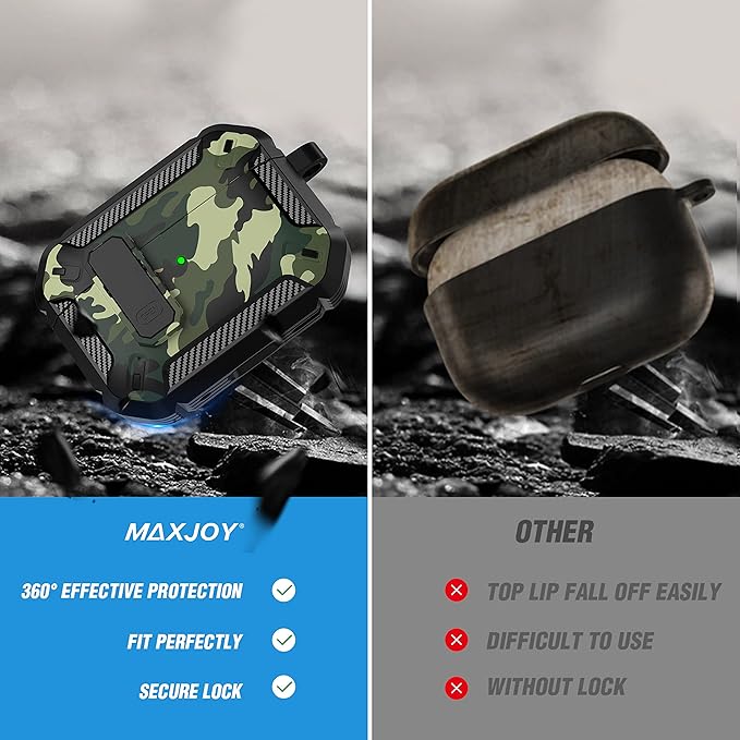 Maxjoy AirPods Pro 2nd/1st Generation Case Cover with Lock, AirPods Pro 2 Protective Case with Keychain Compatible with Apple AirPod Pro2 2023 USB C Cable 2022 Lightning Cable/ Pro1 2019, Green Camo