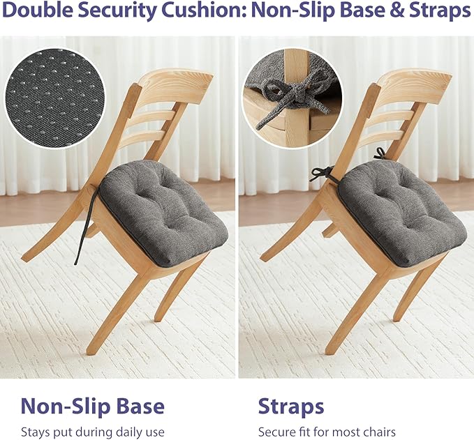 Chair Cushions Set of 4 for Dining Chairs, 16.5"x15.5" Kitchen Chair Pads with Memory Foam, Non-Slip Bottom & Ties, Tufted Indoor Seat Cushions for Home Use – Dark Grey