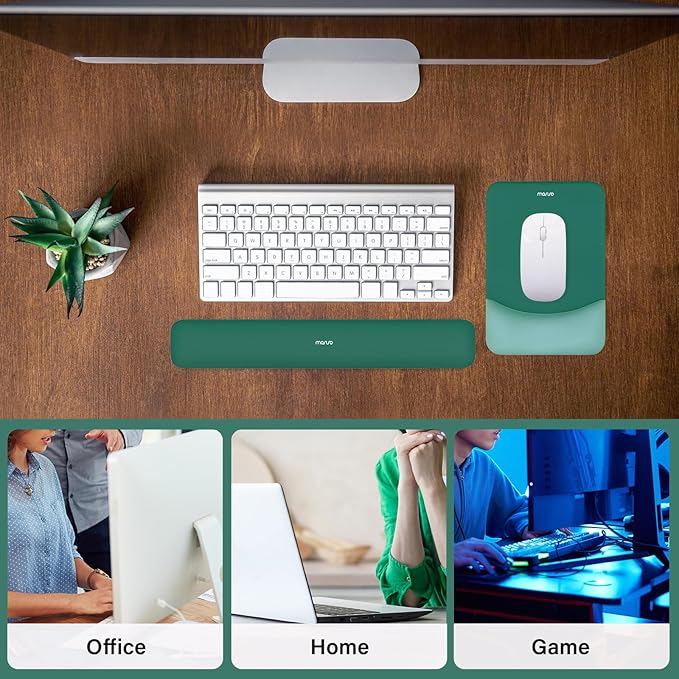 MOSISO Wrist Rest Support for Mouse Pad&Keyboard Set, Rectangular Ergonomic Mousepad Non-Slip Base Home/Office Pain Relief&Easy Typing Pad with Neoprene Cloth&Raised Curved Memory Foam, Peacock Green