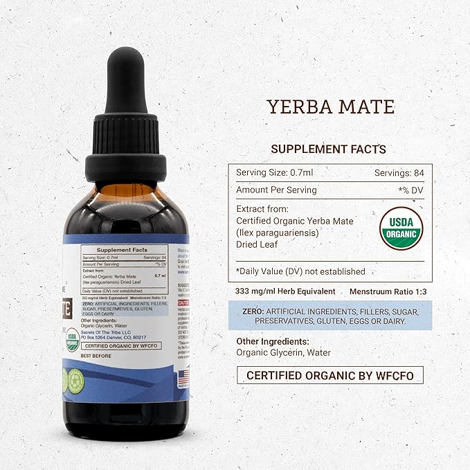 Secrets of the Tribe Yerba Mate USDA Organic Tincture | Alcohol-Free Extract, High-Potency Herbal Drops | Made from 100% Certified Organic Yerba Mate (Ilex paraguariensis) Dried Leaf (2 fl oz)