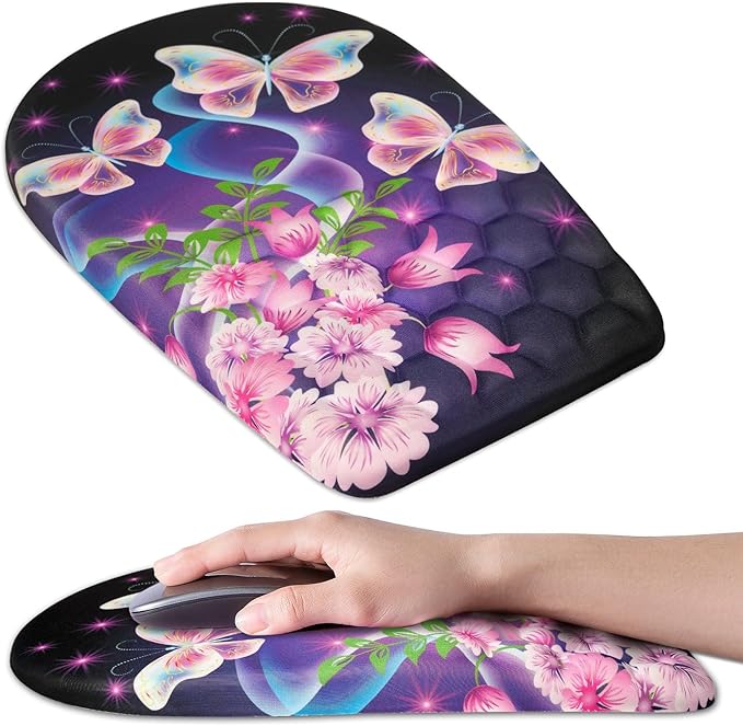 Ergonomic Mouse Pad Wrist Support,Upgrade Mousepad with Massage Design,Non-Slip PU Base Desktop Mouse Pads for Pain Relief, Computer, Office & Home,12 x 8 in（F-Butterfly with Flower）