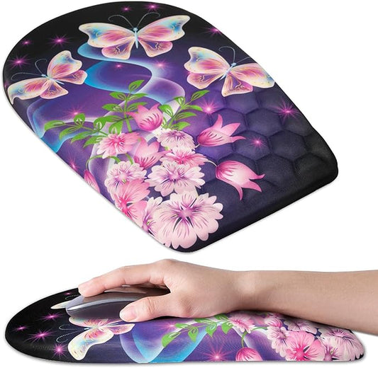 Ergonomic Mouse Pad Wrist Support,Upgrade Mousepad with Massage Design,Non-Slip PU Base Desktop Mouse Pads for Pain Relief, Computer, Office & Home,12 x 8 in（F-Butterfly with Flower）