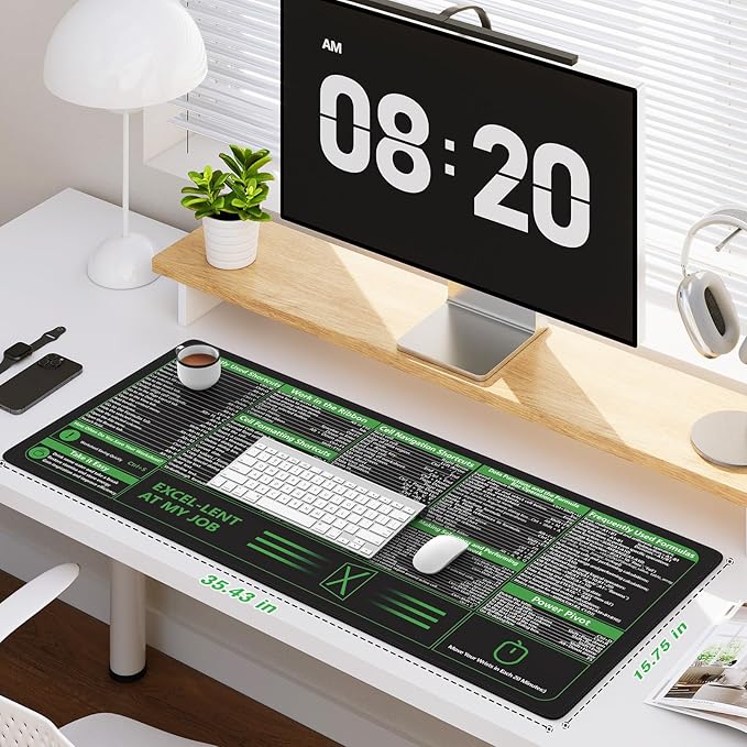 iCasso Excel Cheat Sheet Desk Pad, Excel Mouse Pad Shortcuts, Excell Short Cut Desk Mat, Extended Large XXL Non-Slip Exel Mousepad with Stitched Edges for Computer Keyboard