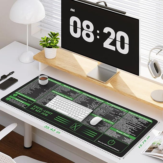 iCasso Excel Cheat Sheet Desk Pad, Excel Mouse Pad Shortcuts, Excell Short Cut Desk Mat, Extended Large XXL Non-Slip Exel Mousepad with Stitched Edges for Computer Keyboard