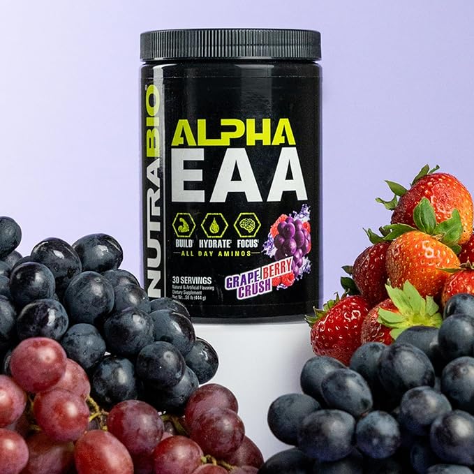 NutraBio Alpha EAA - All-Day Amino Acids for Muscle Growth and Hydration - Essential Amino Acids with Nootropics & Adaptogens- Full Spectrum EAA BCAA Powder - 30 Servings - Grape Berry Crush