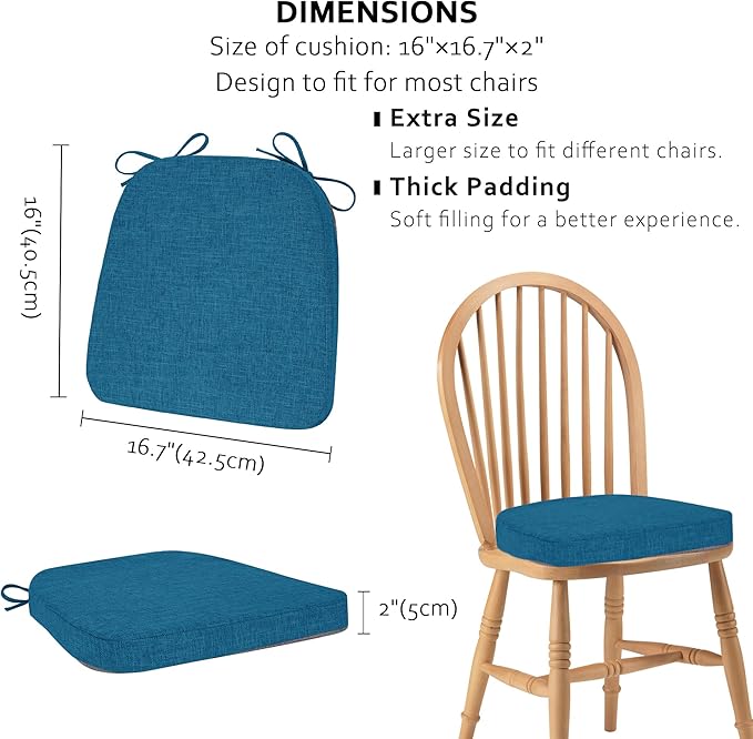 ELFJOY Chair Cushions for Dining Chairs Kitchen Chair Cushions U Shape Non Slip Chair Pads Set of 4 Seat Cushions with Ties Indoor 16.7" x 16" Blue