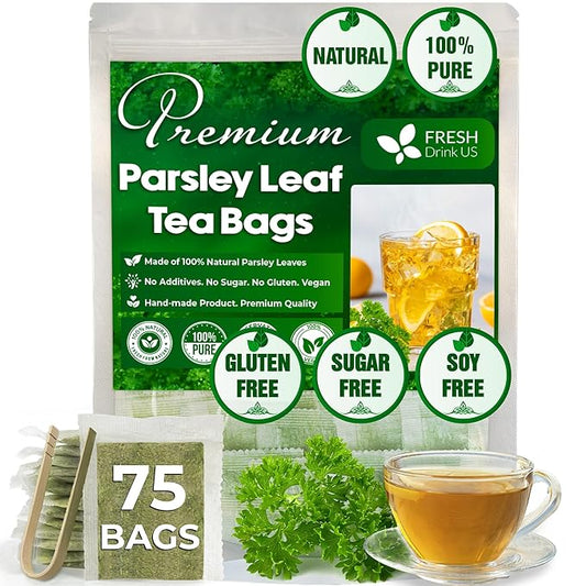 FreshDrinkUS, Premium 75 Parsley Leaf Tea Bags, 100% Natural & Pure from Parsley Leaves. Loose Leaf Parsley Herbal Tea. Made with Natural Material Tea Bags. No Sugar, No Caffeine, No Gluten, Vegan.