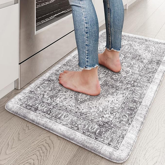 KIMODE Kitchen Mats Cushioned Anti Fatigue 17"x29", Boho Oriental Kitchen Rug, Non Slip Kitchen Mats for Floor, Comfort Padded Kitchen Floor Mat for Sink, Laundry, Office, Desk Grey Brown