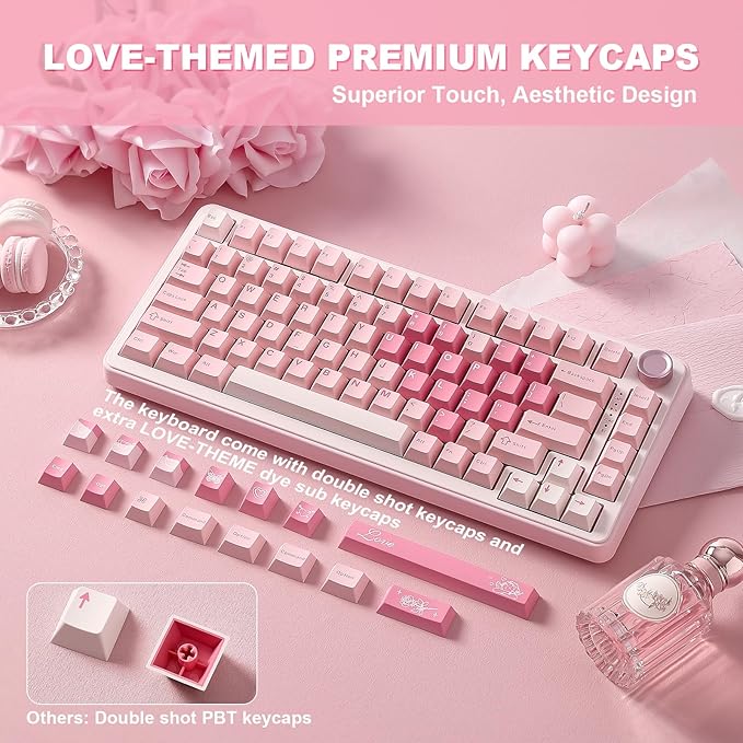 YUNZII B75 PRO Wireless Mechanical Keyboard,75% Layout with Knob,Hot Swap Gasket Custom Structure,Creamy Pre-lubed Switches,RGB Backlit,Bluetooth/Type-C/2.4G for Win/Mac(Cocoa Cream V2 Switch,Pink)