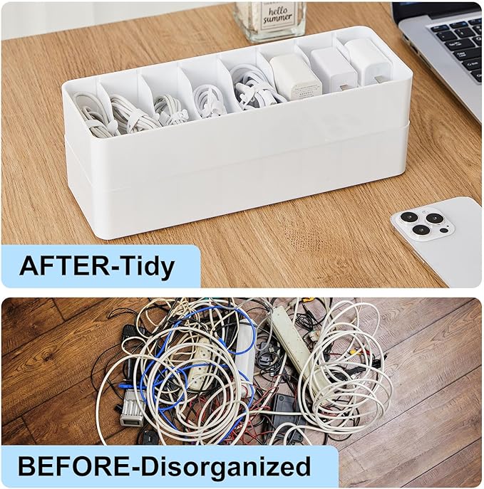 Tatuo 4 Pcs Cable Organizer with 40 Wire Ties, Plastic Cord Storage Charger Box Electronics Organizer with Adjustment Compartments Cable Storage for Drawer Home Office Desk Accessories (White)