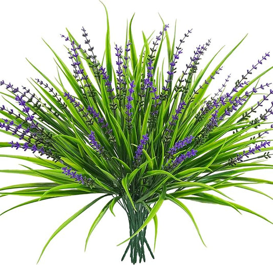10 Pcs Artificial Plants Outdoor, UV Resistant Fake Outdoor Flowers Plants Faux Plastic Monkey Grass for Outside Front Porch Garden Window Box Home Office Planters Desk Decor (Purple)