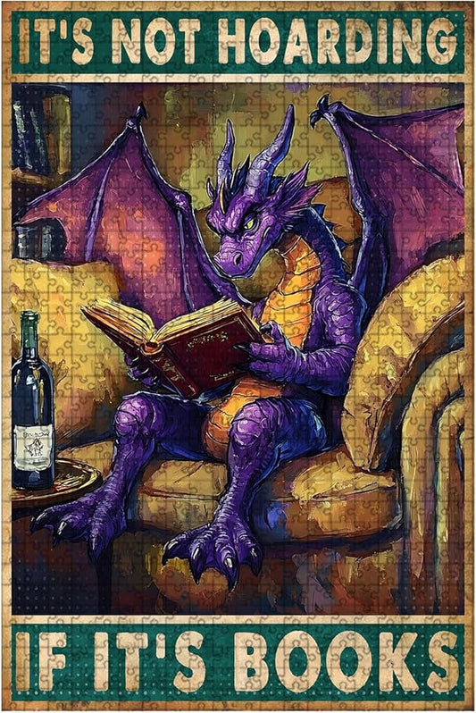 500 Piece Wooden Dragon Jigsaw Puzzle It's Not Hoarding If It's Books Adults Kids Family Quiet Play Therapy Challenging Anxiety Relief Home Art Decor & Time Killing Focus Tool Gifts 20.4x15 Inch