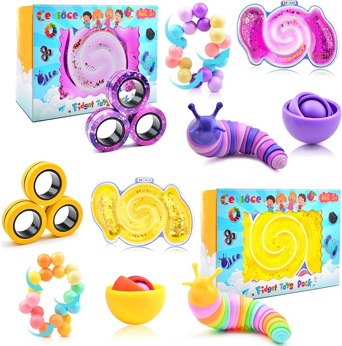 Cevioce 10Pcs Fidget Toys Adults Pack,Stocking Stuffers for Teens Boys Girls,Autism Sensory Toys with Fidget Spinner Slug Magnetic Rings,Squishy Fidget Toys ADHD Stress Relief,Party Favor for Kid-PY
