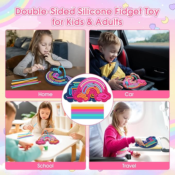 2 Pack Sensory Activity Board Silicone Fidget Toy, Double-Sided Rainbow Sensory Toys for Autism, Stress, Anxiety, ADHD, Kids 3+& Adults, Includes Travel Bag & 24 Strings, Red & Dark Blue