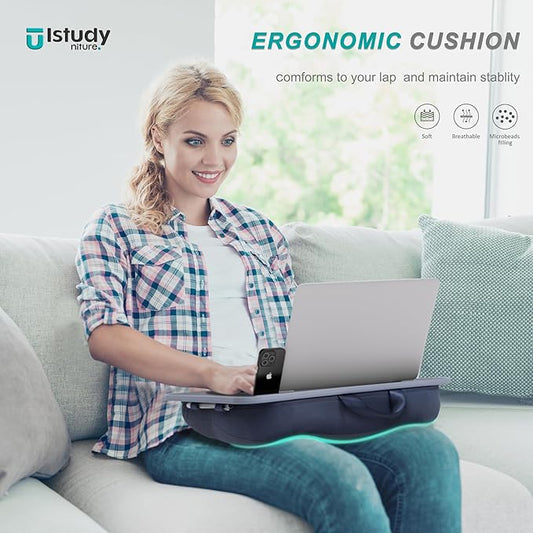 ISTUDYNITURE Portable Lap Desk with Cushion, Fits up to 15.6 inch Laptop, Laptop Stand with Device Ledge and Phone Holder, for Home Office (Grey, Small)