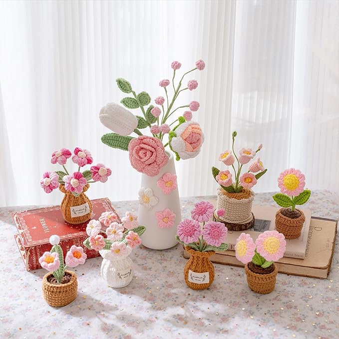 Handmade Crochet Flowers, 6 Inch Small Potted Canterbury Bells, Knitted Desk Decorations for Home Office Decor(5 Heads)
