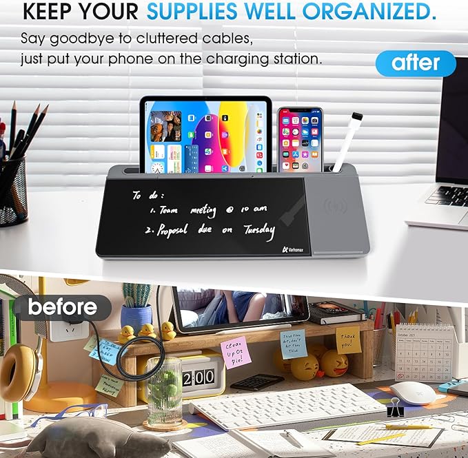 Varhomax Glass Desk Whiteboard with Wireless Charger, Desktop Organizer Dry Erase White Board with Storage, to Do List Memo Notepad for Home Office and School Supplies (Gray & Black)