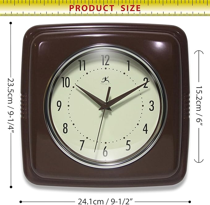 Infinity Instruments Square Retro Wall Clock, Mahogany, 9.25"