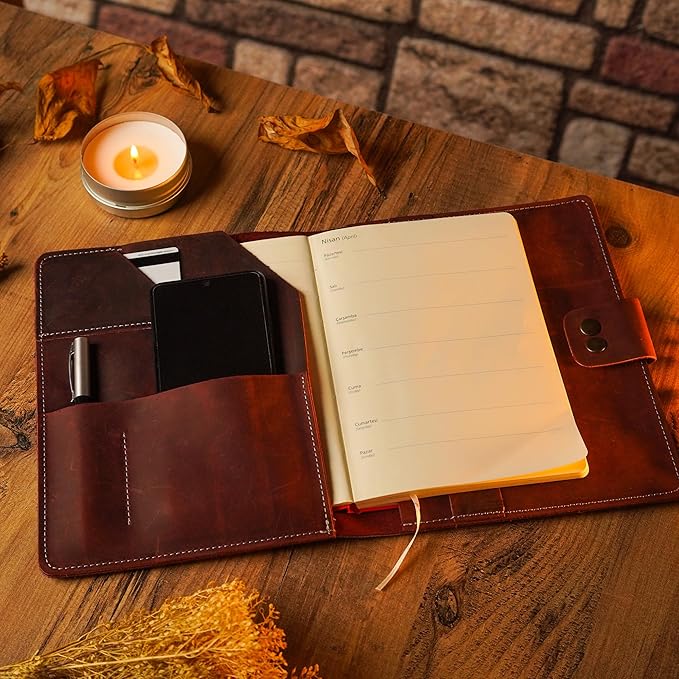 Custom Leather Portfolio, Leather Padfolio, Portfolio Folder, A5 Padfolio for Women, Leather Notebook Cover, Leather Padfolio Gift 8.5"x7" (Brown)