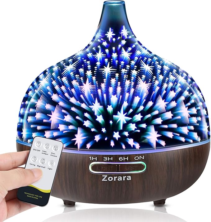 Essential Oil Diffuser 550ml Cool Mist Humidifier 3D Glass Ultrasonic Aromatherapy Humidifier with 7 Color Changing Led Lights, Waterless Auto Shut-Off, Adjustable Timer, Remote Control, Star
