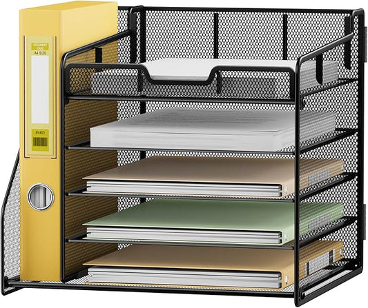 Lavatino Desk Organizer, 5-Tier Metal Mesh Paper Letter Tray with 1 File Holders & 7 Flexible Dividers for Office or Home Desk Organizers and Accessories, Keep Workspace Supplies Neat, Black