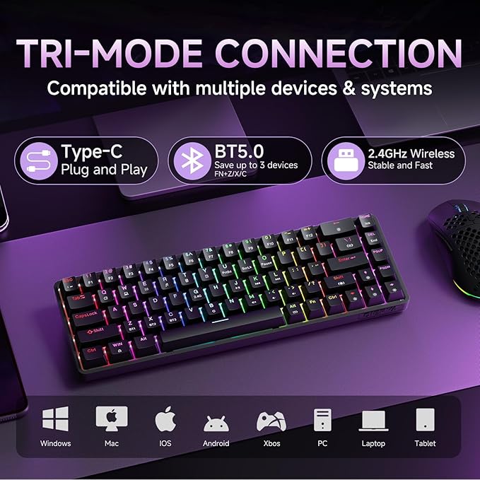 DIERYA DK68 60% Wireless Mechanical Gaming Keyboard, Triple Mode 2.4GHz/USB-C/BT5.0 with Red Switch, RGB Backlit, Anti-Ghosting Keys, 68 Keys Portable Mini Wired Office Keyboard-Black