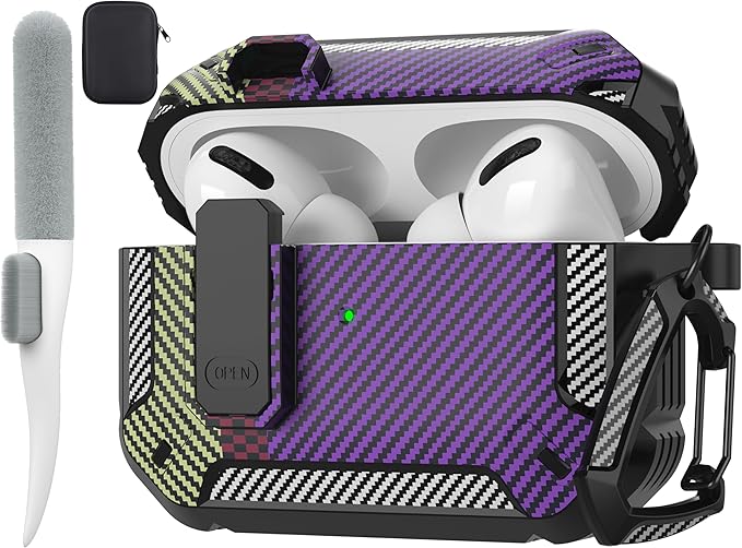 Maxjoy AirPods Pro 2nd/1st Generation Case Cover with Lock, AirPods Pro 2 Protective Case with Keychain Compatible with Apple AirPod Pro2 2023 USB C 2022 Lightning Cable/ Pro1 2019,Carbon Fiber Purple