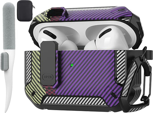 Maxjoy AirPods Pro 2nd/1st Generation Case Cover with Lock, AirPods Pro 2 Protective Case with Keychain Compatible with Apple AirPod Pro2 2023 USB C 2022 Lightning Cable/ Pro1 2019,Carbon Fiber Purple