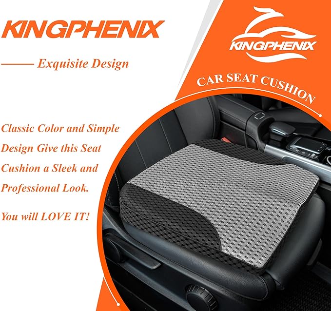 kingphenix Premium Car Seat Cushion, Memory Foam Driver Seat Cushion to Improve Driving View- Coccyx & Lower Back Pain Relief - Seat Cushion for Car, Truck, Office Chair (4D Mesh Gray&Black)
