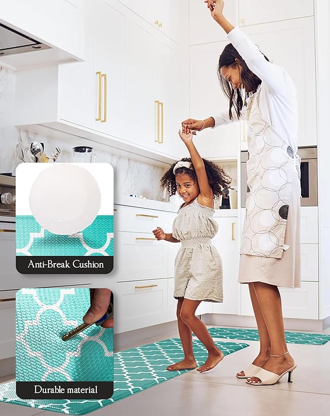 Anti-Fatigue Kitchen Mat Set – 2-Piece Memory Foam Cushioned Mats for Standing – Teal Lantern, 18×30 & 18×60, 0.4 in Thick, Waterproof, Non-Slip – Homergy