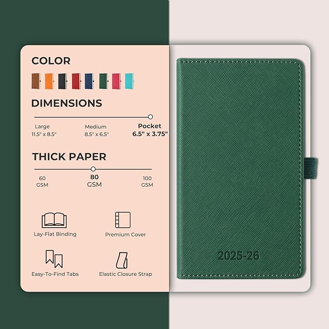 Weekly Monthly 2025-2026 Planner (July 25-Dec 26),6.5"x3.75",18 Months Agenda Plan with Month Tabs & Pocket,Expenses/Note Pages, Academic Calendar with Vegan Leather Cover,Green