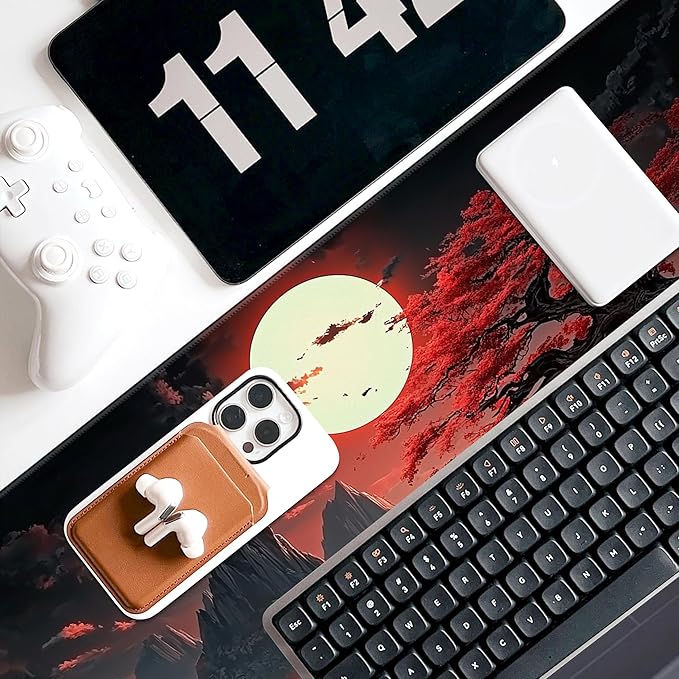 Japanese Desk Mat Red Full Moon Desk Pad Black Riverside Large Mouse Pad Gaming Mousepad Extended Keyboard Pad 31.5 x 11.8 in Laptop Computer Mouse Keyboard Mat for Office Desk Decor