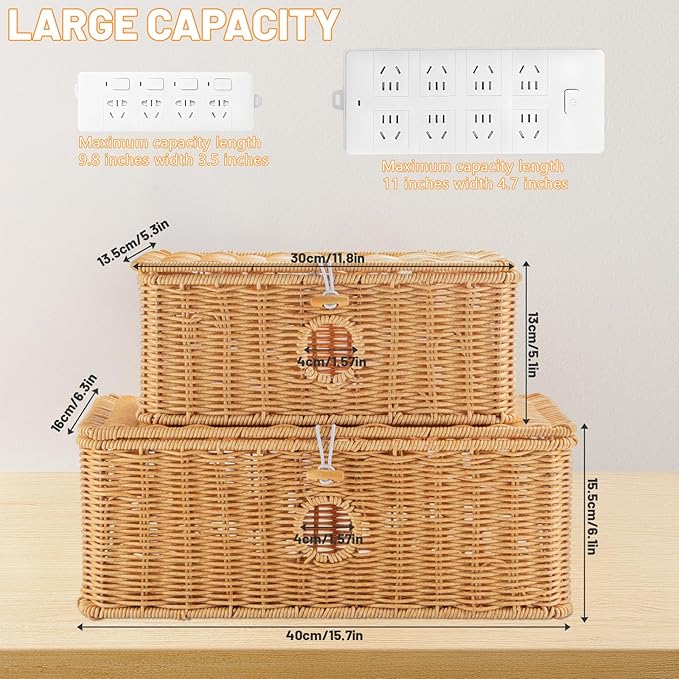 IHKFILAN 2 Pcs Handmade Cable Management Boxes Rattan Cable Organizer Large & Medium Cord Hider Organizer Boxes Power Strip Boxes Locked Cover with 2 Open Slots for Home and Workplace