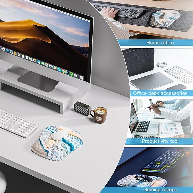 Mouse Pad with Wrist Rest, Ergonomic Mousepads with Wrist Support, Soft Lycra Fabric Memory Foam Office Desk Accessories for Comfort/Pain Relief/PC Gaming/Computer/Laptop (Seaside Sunset)