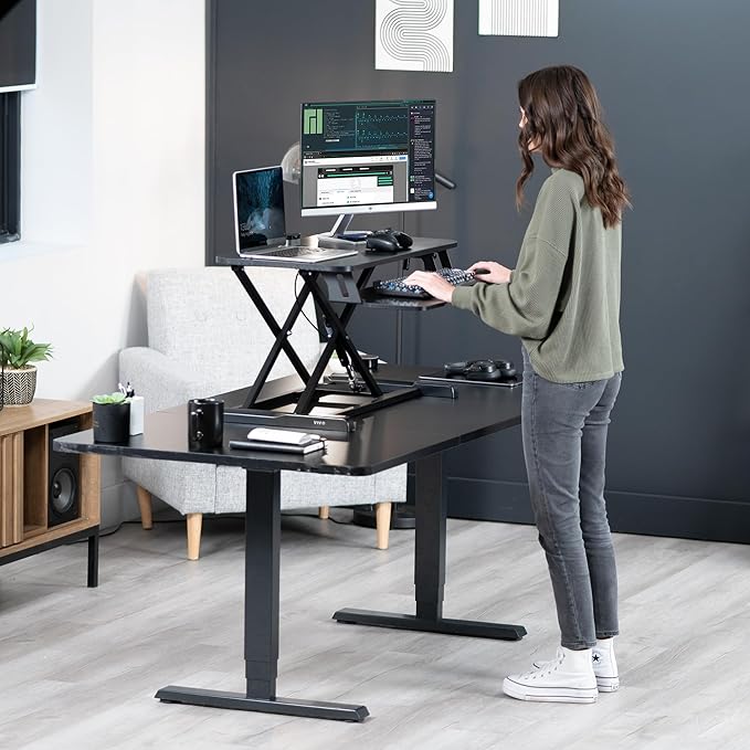 VIVO 32 inch Carbon Fiber Desk Converter, K Series, Height Adjustable Sit to Stand Riser, Dual Monitor and Laptop Workstation with Wide Keyboard Tray, Black, DESK-V000KR
