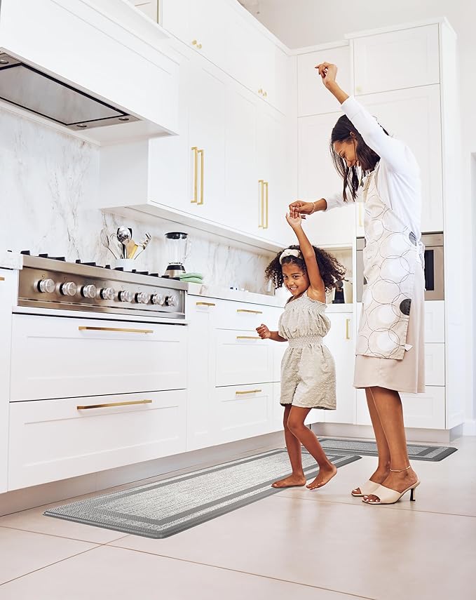 Anti-Fatigue Kitchen Mat Set – 2-Piece Memory Foam Cushioned Mats for Standing – Fabric Grey, 18×30 & 18×60, 0.4 in Thick, Waterproof, Non-Slip – Homergy