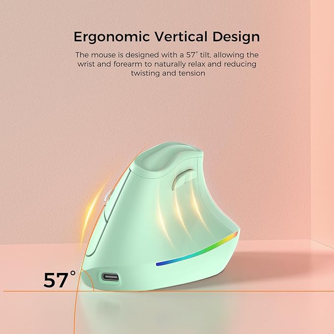57° Wireless Ergonomic Mouse, Vertical Mouse, Carpal Tunnel Mouse, RGB Light, Rechargeable, Bluetooth & 2.4G, 5-level DPI Adjustment, Quiet Click Ergo Mice Compatible with PC, Laptop, Mac, Green