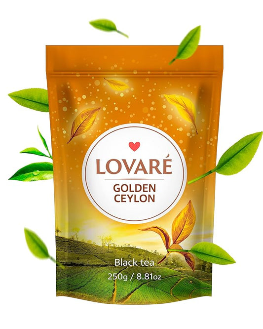 LOVARE Golden Ceylon Tea Pouch - Loose Leaf Tea 250 g - Made in Ukraine - Doypack with Ceylon Black Tea from Sri Lanka - Gift Box Sets for tea Lovers
