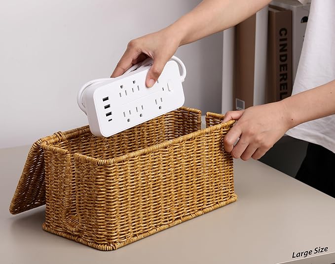Large Cable Management Box, Handwoven Imitation Rattan Cord Organizer Cord Hider Box, Desk Cord Management Box to Hide Cords and Power Strips, 13.5" L x 6.2" W x 6" H, Natural