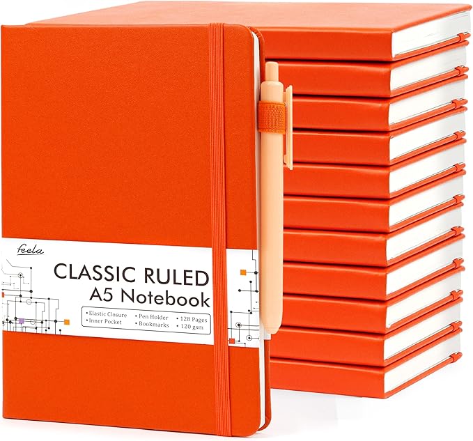 12 Pack Notebooks Journals Bulk with 12 Black Pens, Feela A5 Hardcover Notebook Classic Ruled Journal Set with Pen Holder for School Business Work Travel Writing, 120 GSM, 5.1”x8.3”, Orange