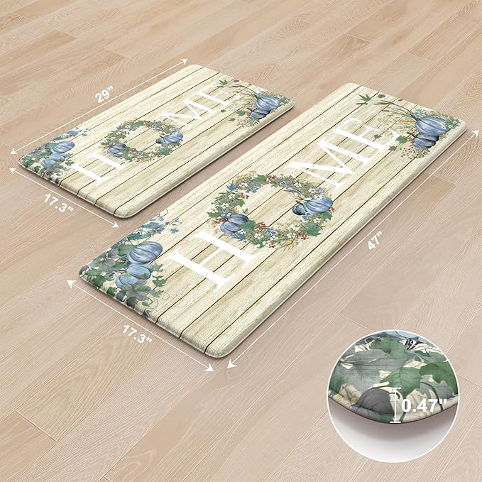 KIMODE Anti Fatigue Pumpkin Kitchen Mat for Floor,Halloween Fall Kitchen Rugs Sets of 2, Autumn Farmhouse Kitchen Rugs Non Slip,Cushioned Kitchen Floor Mat for Floor Sink, Laundry, Office,Home Blue