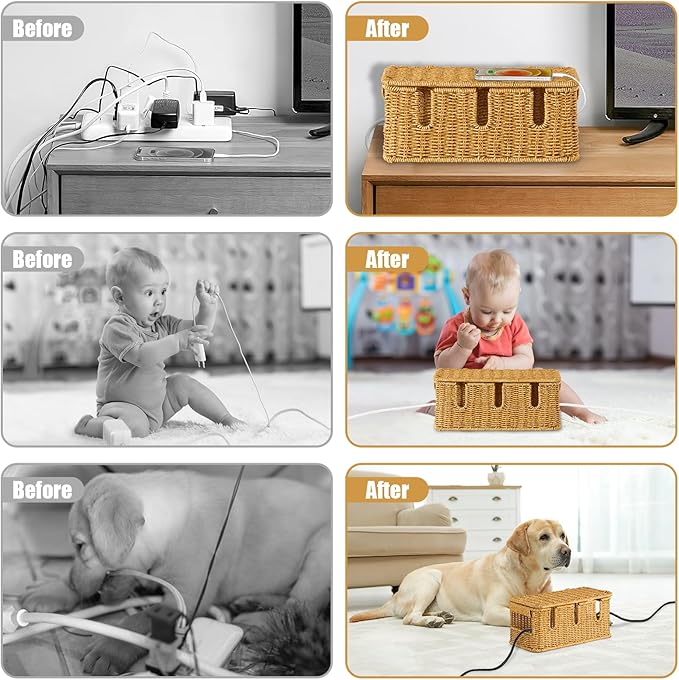 Handmade Cable Management Box,Imitation Rattan Cord Organizer with Lid,Extra 3 Open Slots Cord Hider for TV Wires Computer Router USB Hub,Cable Organizer Box to Hide Cords and Power Strips