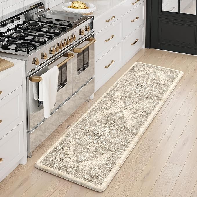 KIMODE Anti Fatigue Kitchen Mat, Cushioned Boho Oriental Kitchen Runner, Non Slip Waterproof Kitchen Mat for Floor, Comfort Foam Standing Desk Mat for Laundry, Office, Sink Khaki 17.3"x59"