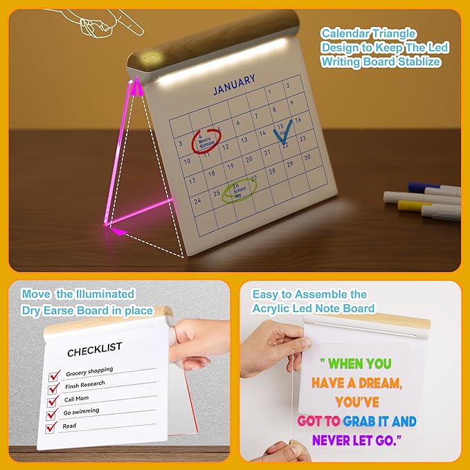 Led Note Board with Colors, Dual-Sided Acrylic Message Board Led Drawing Writing Board for Kids, 7.9 Inch X 6.3 Inch Magical Light Board, Touch Control for Office/Home/School Kitchen/Gift