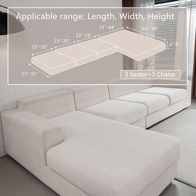 Couch Cushion Covers for Sectional Sofa, Stretch Soft Sofa Slipcovers Washable Wear-Resistant Universal Furniture Protector for Living Room(3 Seaters Covers+1 Chaise Cover, Ivory)