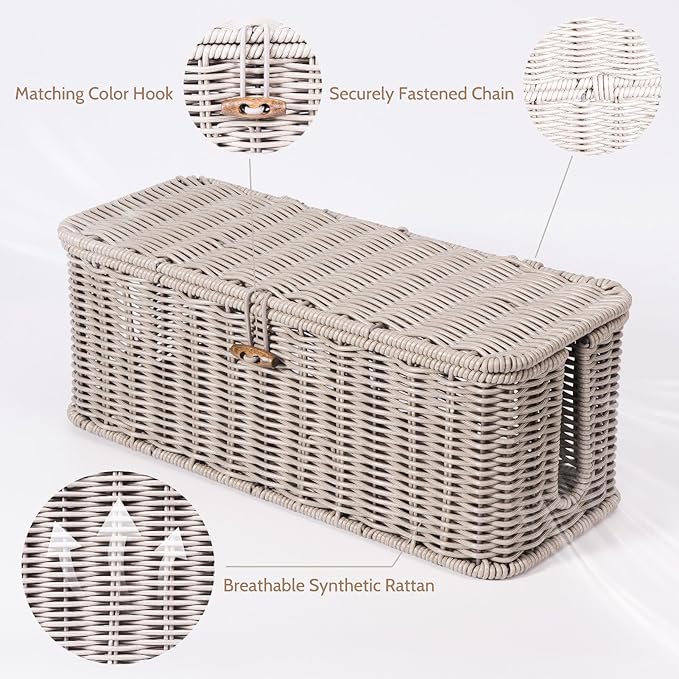 BROWNLILY Cable Management Box, Rattan Style Cord Organizer for Desk Cord Hider Outlet Covers Baby Proofing for Power Strip TV PC Router Charger Under Desk Storage with Lockable Lid and Cable Ties