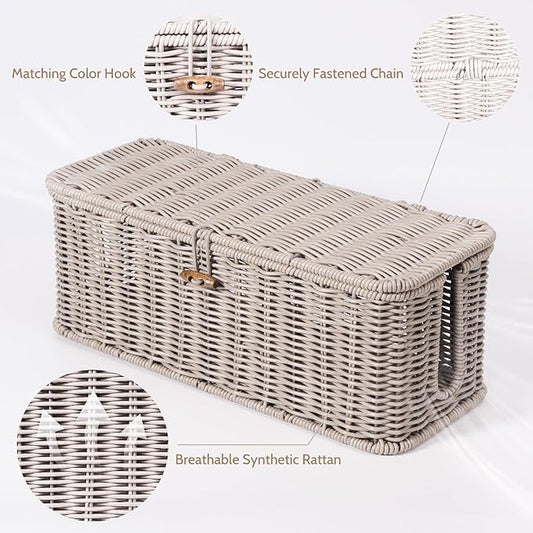 BROWNLILY Cable Management Box, Rattan Style Cord Organizer for Desk Cord Hider Outlet Covers Baby Proofing for Power Strip TV PC Router Charger Under Desk Storage with Lockable Lid and Cable Ties