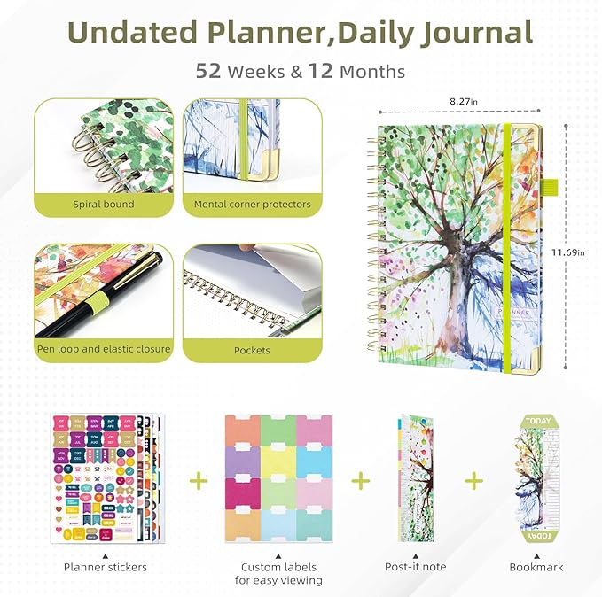 Ospelelf School Planner Undated Daily Spiral Binding Weekly Monthly Hardcover College Planners with Stickers 12 Months Productivity Journey Letter Size Colorful Tree