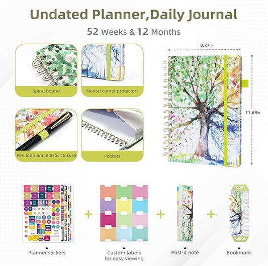 Ospelelf School Planner Undated Daily Spiral Binding Weekly Monthly Hardcover College Planners with Stickers 12 Months Productivity Journey Letter Size Colorful Tree